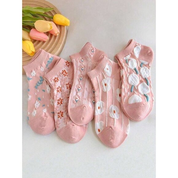 Women 5 Pairs Low-Cut Floral Print Ankle Short Socks Double-Line Anti-Slip - Picture 1 of 11
